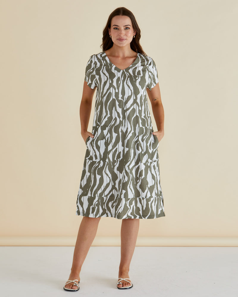 Betty Basics Elwood Dress - Olive Geometric Print