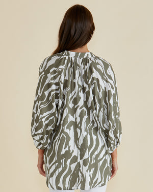 Betty Basics Grazia Blouse - Olive Geometric Print