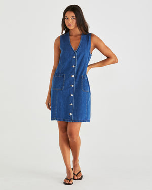Sass Sabine Denim Vest Dress - Mid Blue Wash