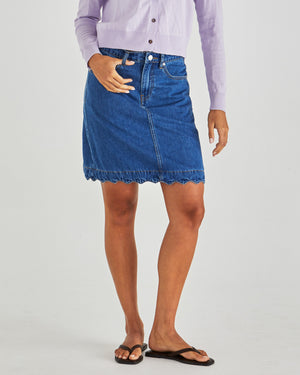 Sass Vale Scolloped Denim Skirt - Mid Blue Wash
