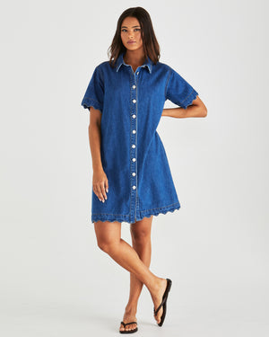 Sass Vale Scolloped Denim Dress - Mid Blue Wash