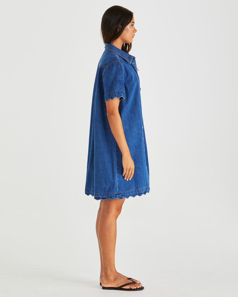 Sass Vale Scolloped Denim Dress - Mid Blue Wash