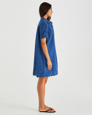 Sass Vale Scolloped Denim Dress - Mid Blue Wash