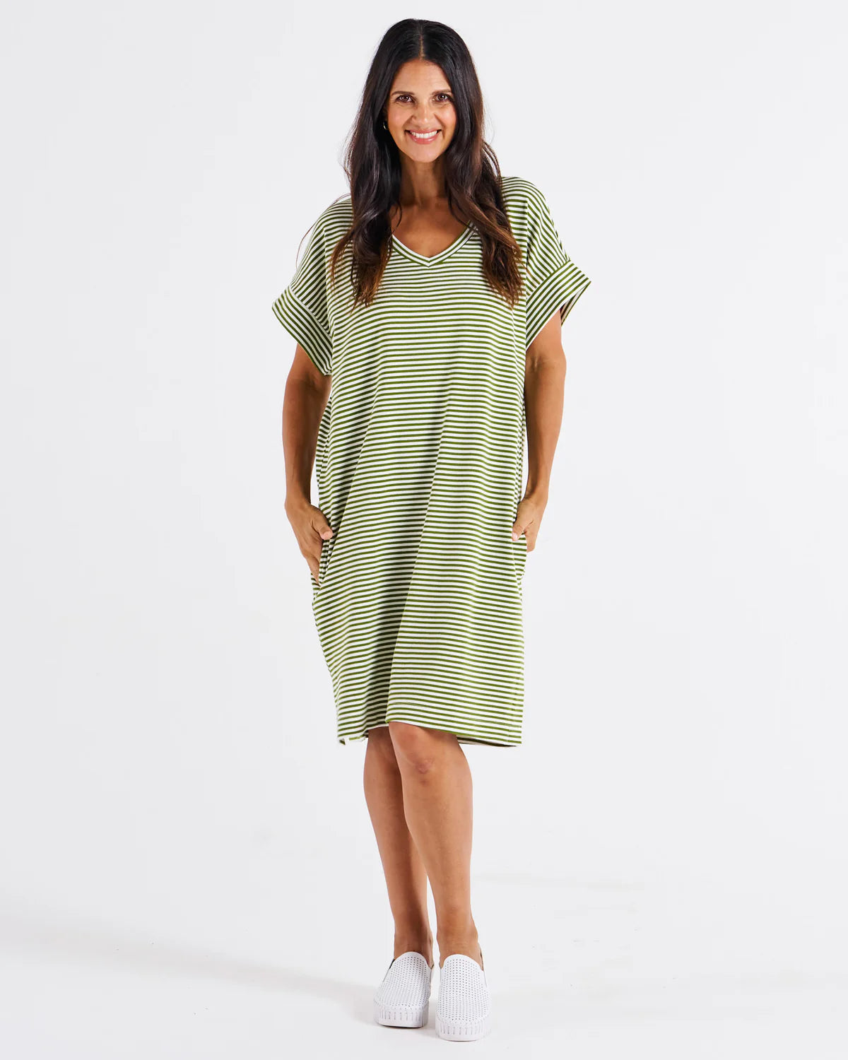 Betty Basics Elise V-Neck Rib Dress - Avocado Stripe
