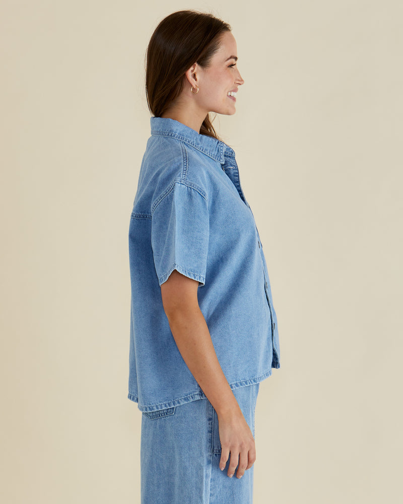 Betty Basics Saffra Short Sleeve Denim Shirt - Medium Wash