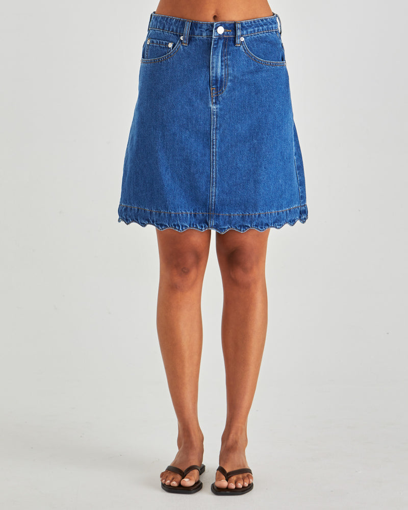 Sass Vale Scolloped Denim Skirt - Mid Blue Wash