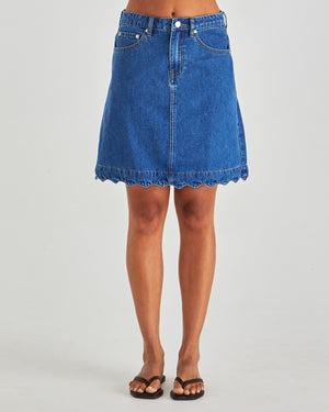 Sass Vale Scolloped Denim Skirt - Mid Blue Wash
