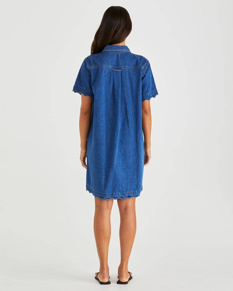 Sass Vale Scolloped Denim Dress - Mid Blue Wash