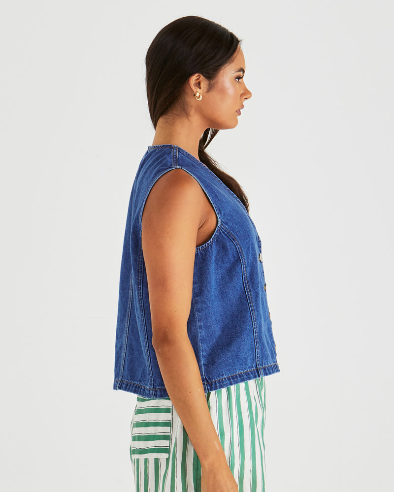 Sass Sabine Denim Vest - Mid Blue Wash