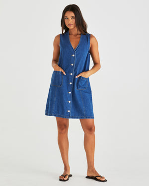 Sass Sabine Denim Vest Dress - Mid Blue Wash