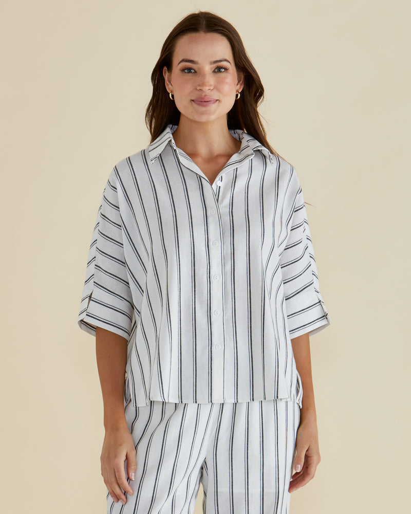 Betty Basics Lynwood Linen Shirt - Black/White Stripe