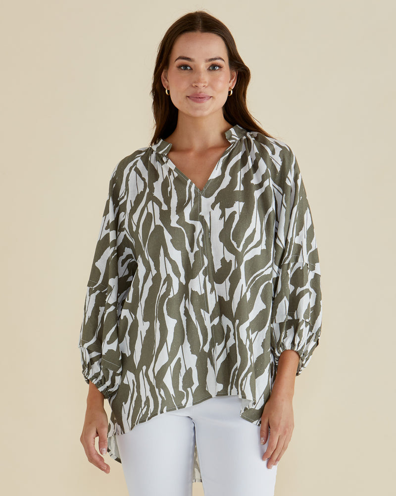Betty Basics Grazia Blouse - Olive Geometric Print