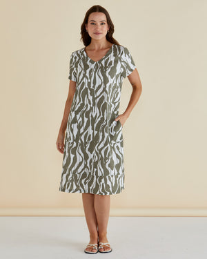 Betty Basics Elwood Dress - Olive Geometric Print