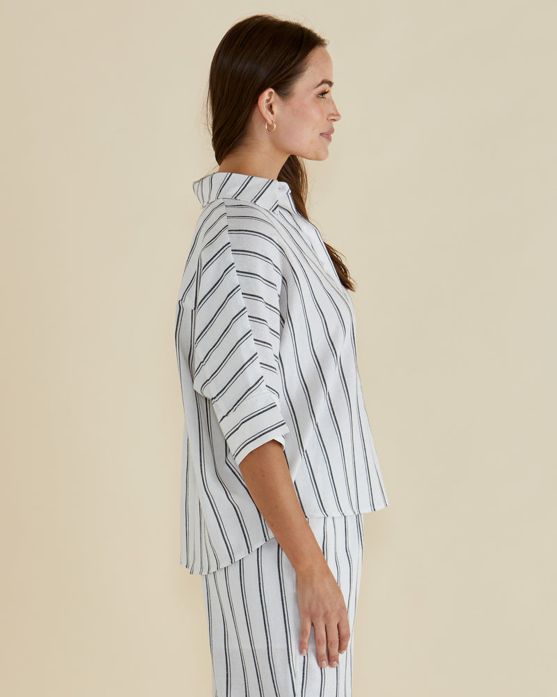 Betty Basics Lynwood Linen Shirt - Black/White Stripe