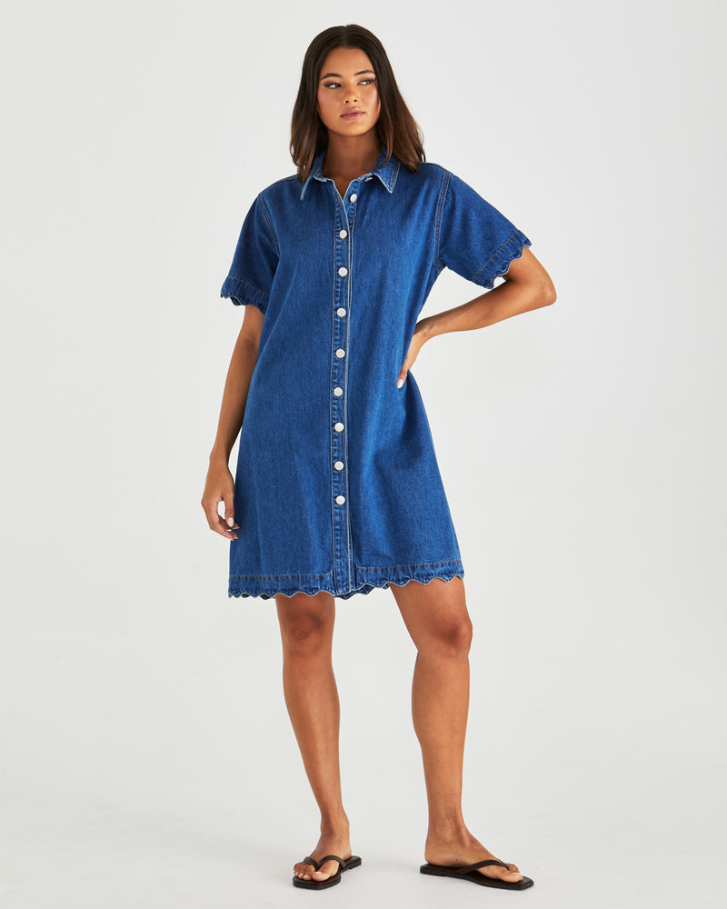 Sass Vale Scolloped Denim Dress - Mid Blue Wash