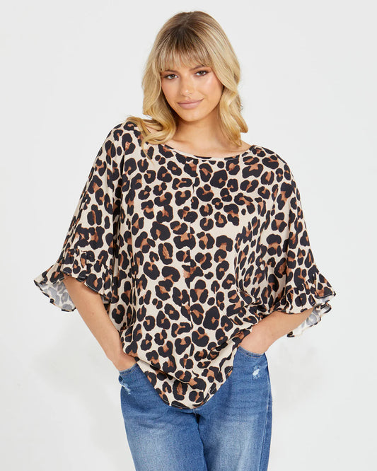 Sass Kylie Relaxed Frill Sleeve Top- Animal