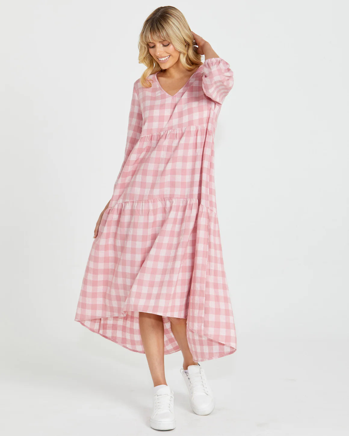 Sass Stevie Tiered Midi Dress- Pink Check