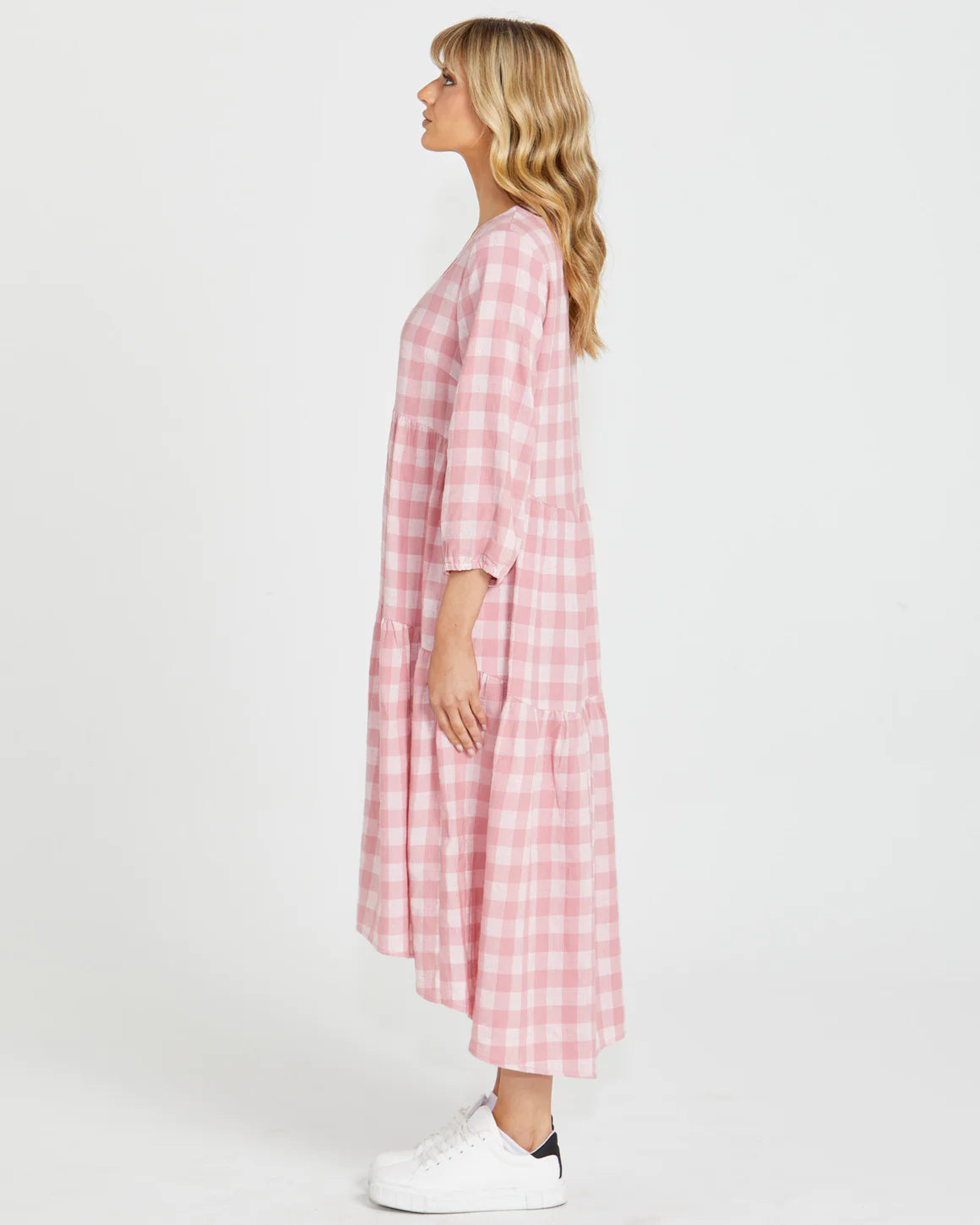Sass Stevie Tiered Midi Dress- Pink Check