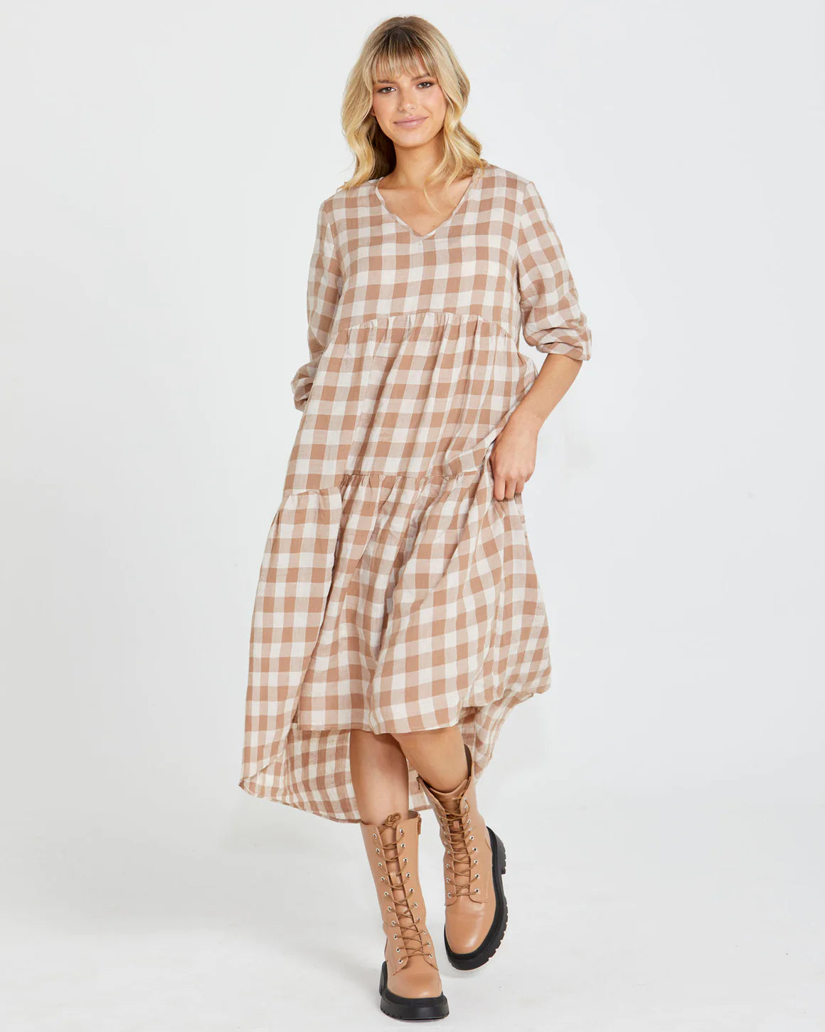 Sass Stevie Tiered Midi Dress - Mocha Check