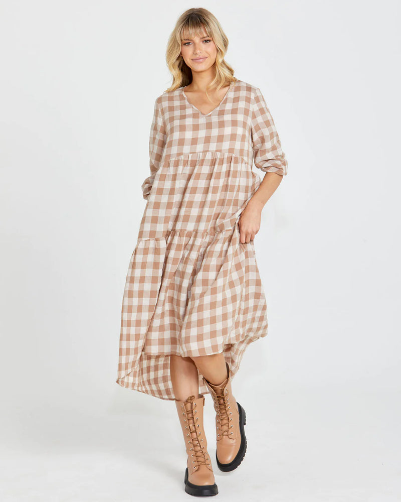 Sass Stevie Tiered Midi Dress - Mocha Check