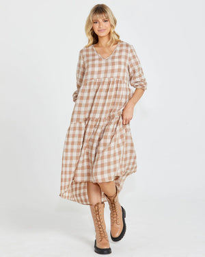 Sass Stevie Tiered Midi Dress - Mocha Check